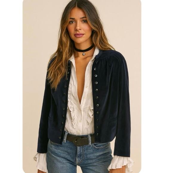 Vintage Blue Velvet  Boho Chic Streetwear Fitted Edwardian Puff Sleeve Large - Picture 12 of 12